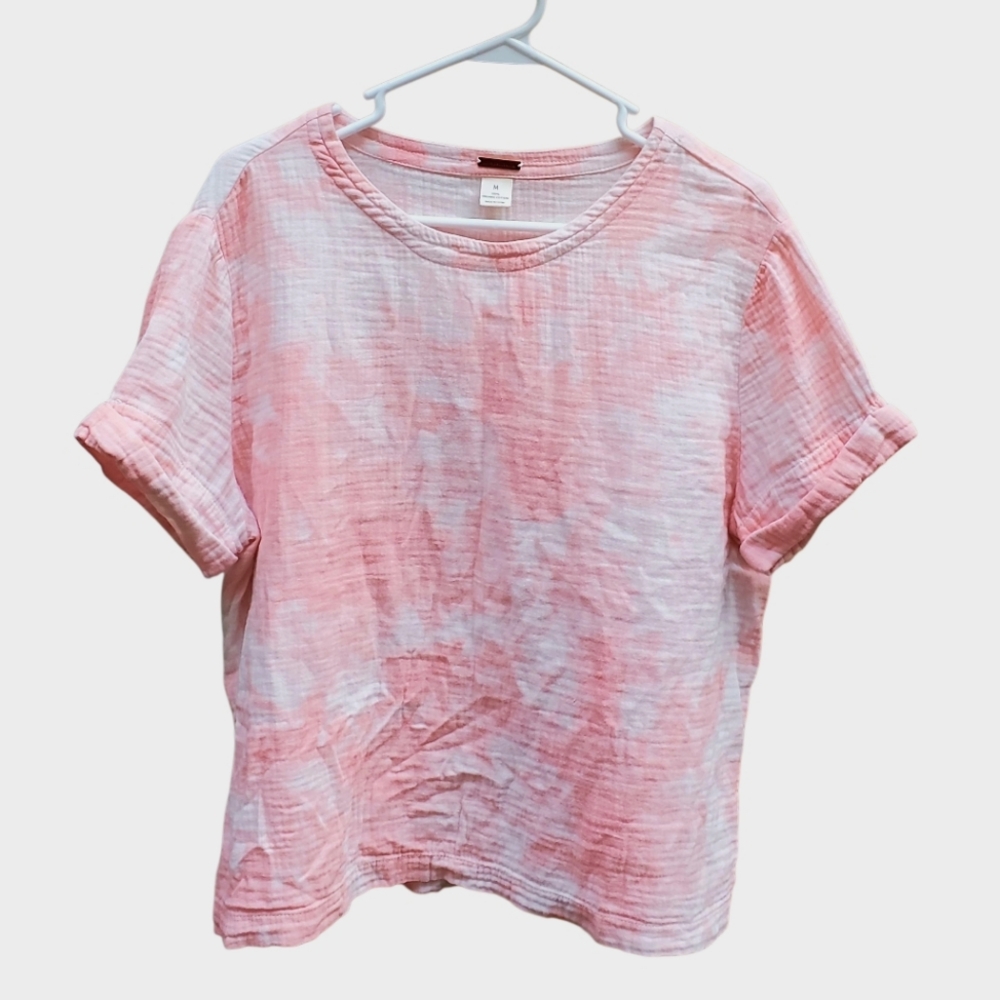Magaschoni 100% Organic Cotton Pink White Tie Dye Short Sleeve Gauze Top- Medium